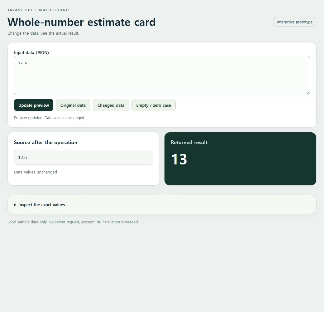The working whole-number estimate card example, using the original sample data.