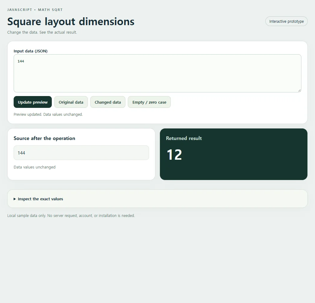 The working square layout dimensions example, using the original sample data.