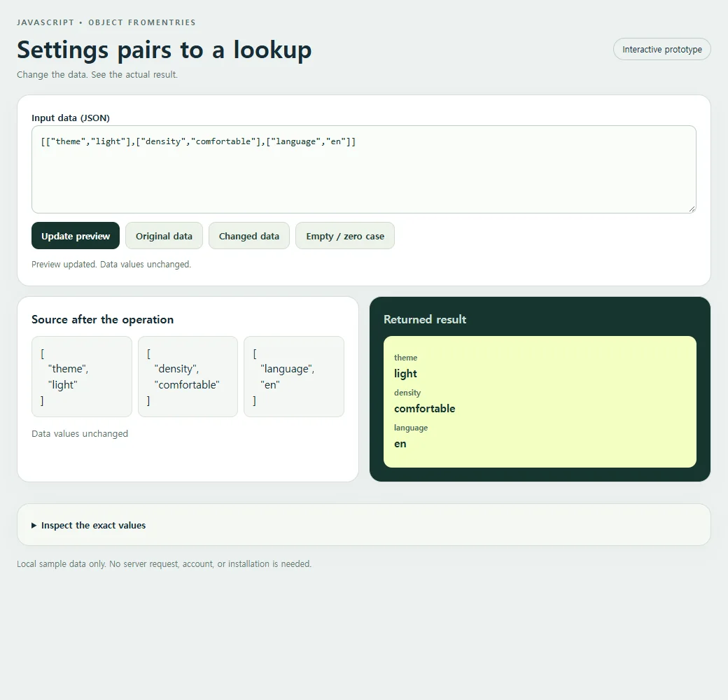 The complete settings pairs to a lookup example with its original sample.