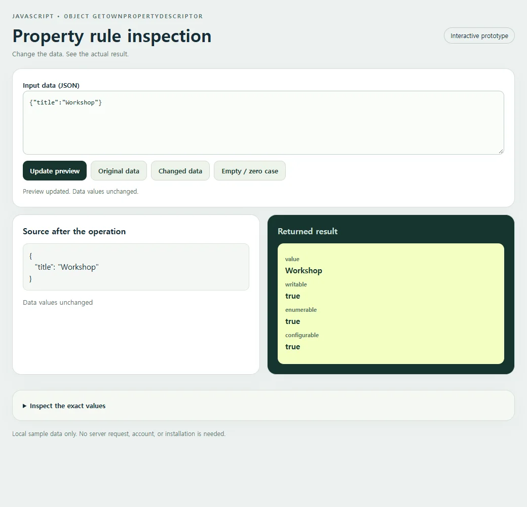 The working property rule inspection example, using the original sample data.