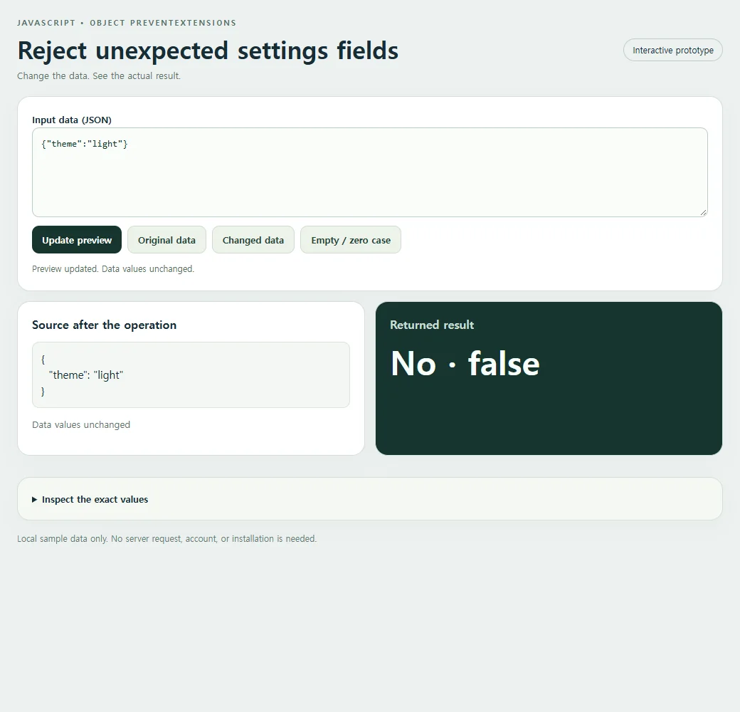 The working reject unexpected settings fields example, using the original sample data.