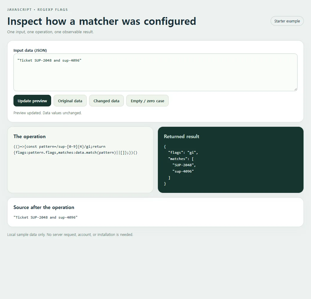 The RegExp.flags example exposes its result for inspection