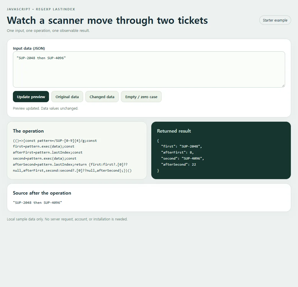 The RegExp.lastIndex example exposes its result for inspection
