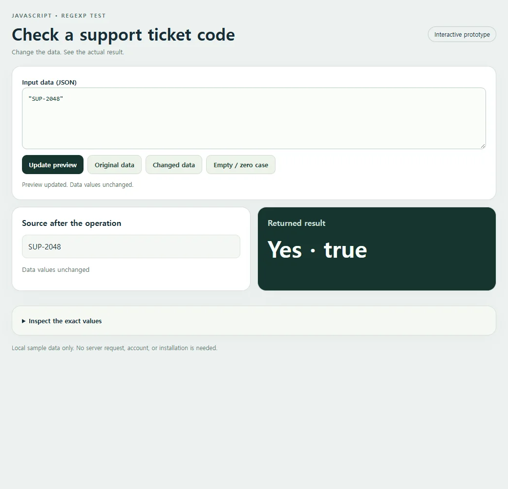 Check a support ticket code: original input and calculated result