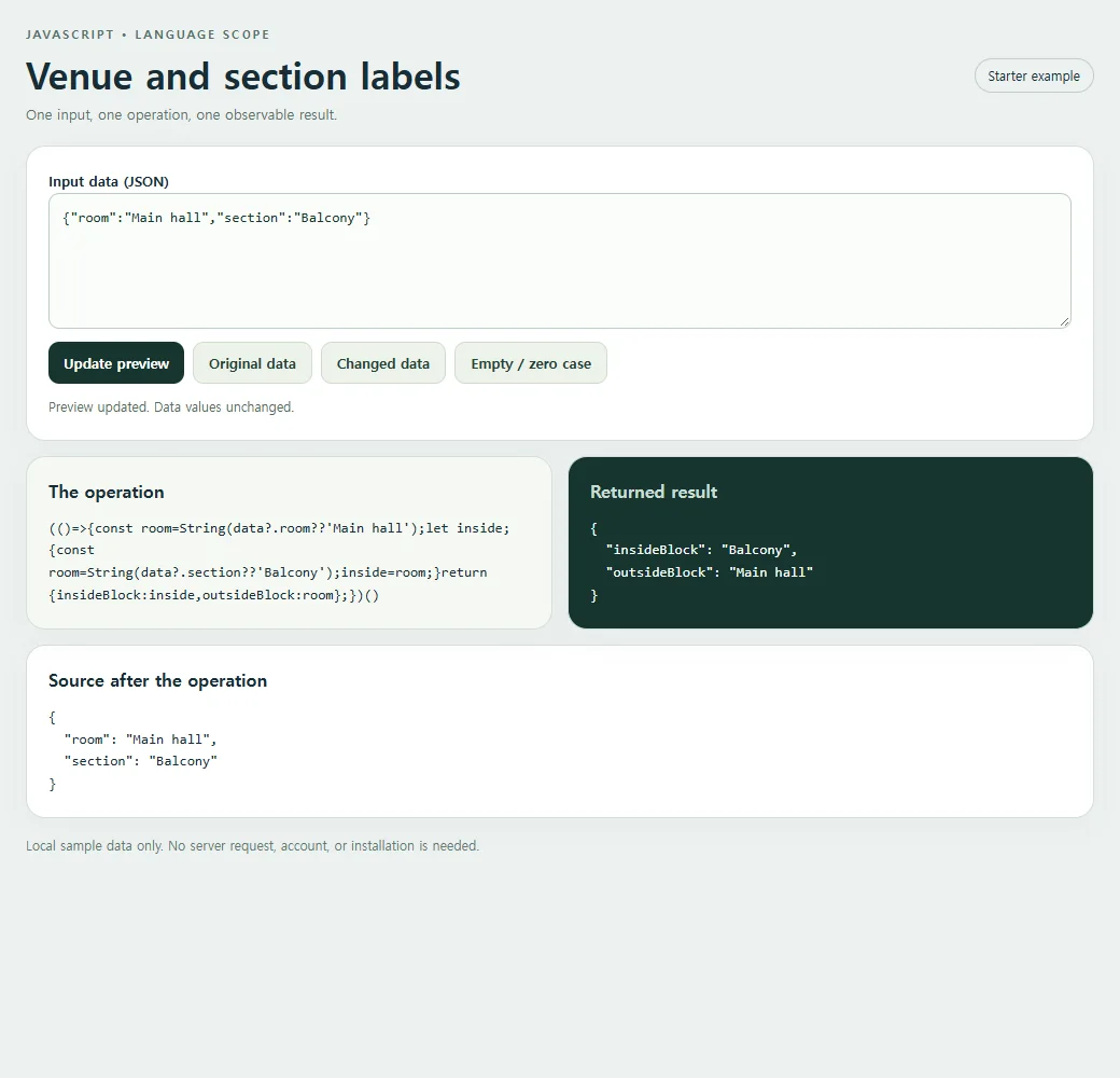Inspect the exact source and result for the venue and section labels.