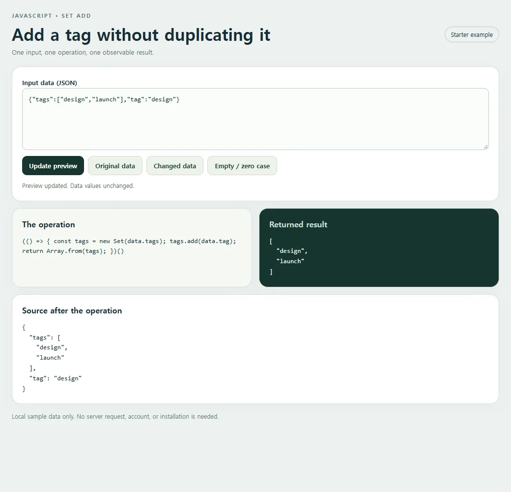 Add a tag without duplicating it: inspect the smaller example and compare its source with its result.