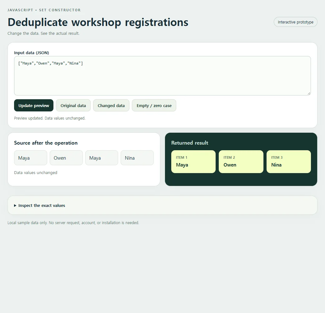 Deduplicate workshop registrations: source values beside the original result.