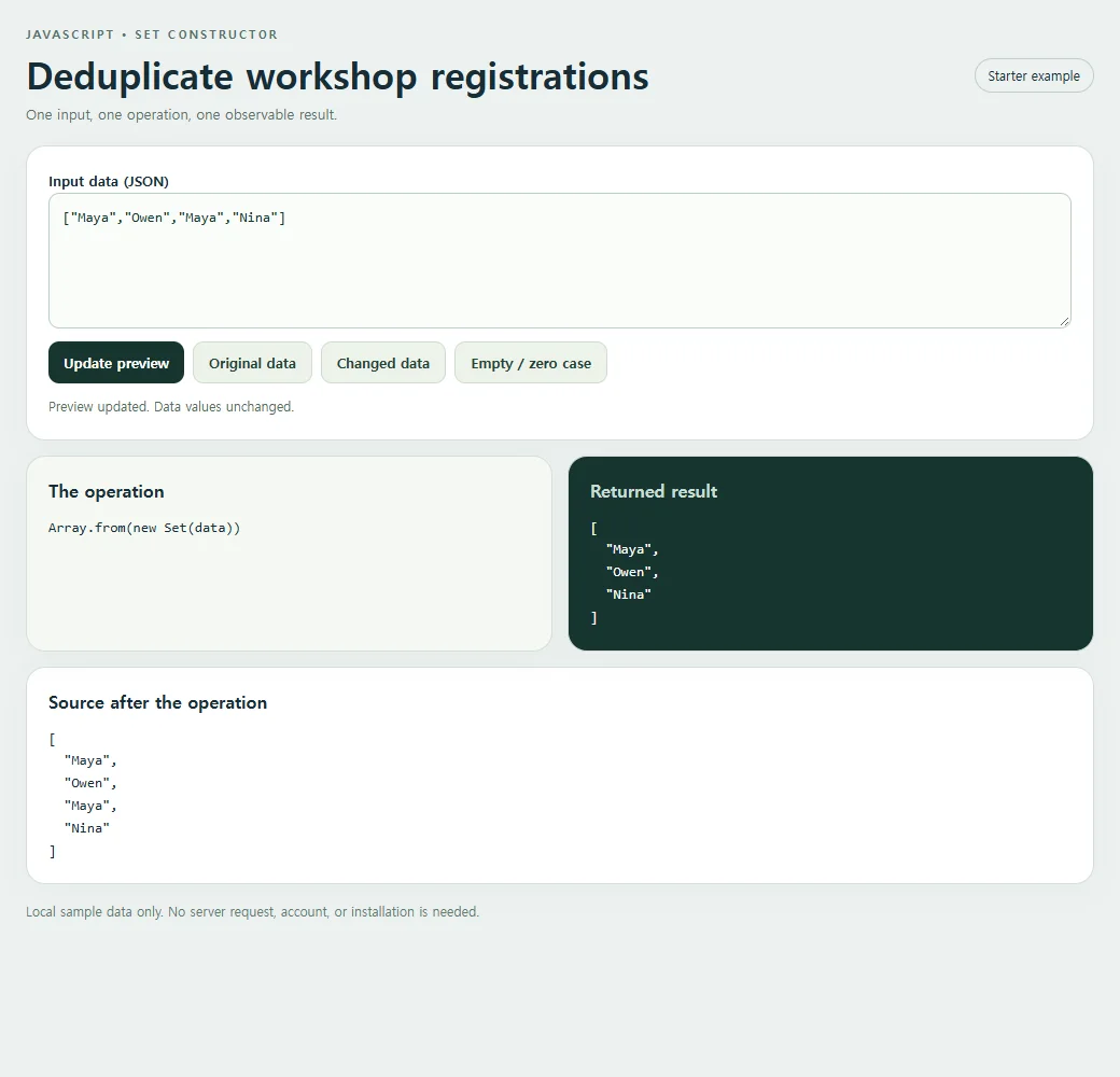 Deduplicate workshop registrations: inspect the smaller example and compare its source with its result.