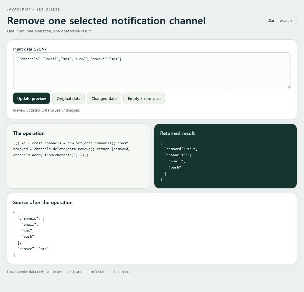 Remove one selected notification channel: inspect the smaller example and compare its source with its result.