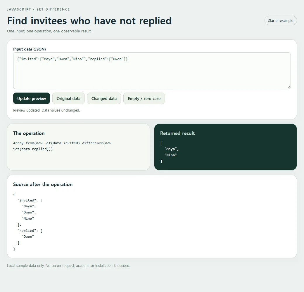 Find invitees who have not replied: inspect the smaller example and compare its source with its result.
