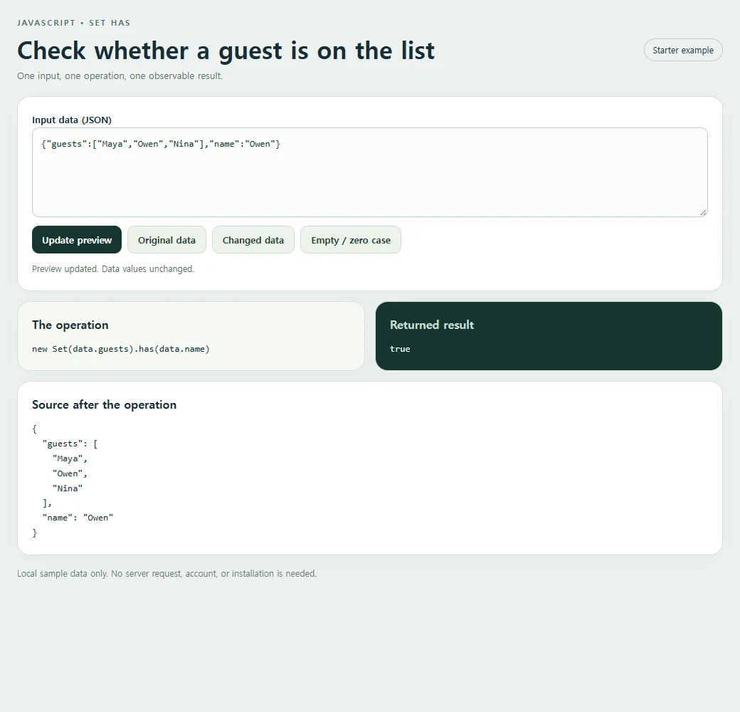 Check whether a guest is on the list: inspect the smaller example and compare its source with its result.