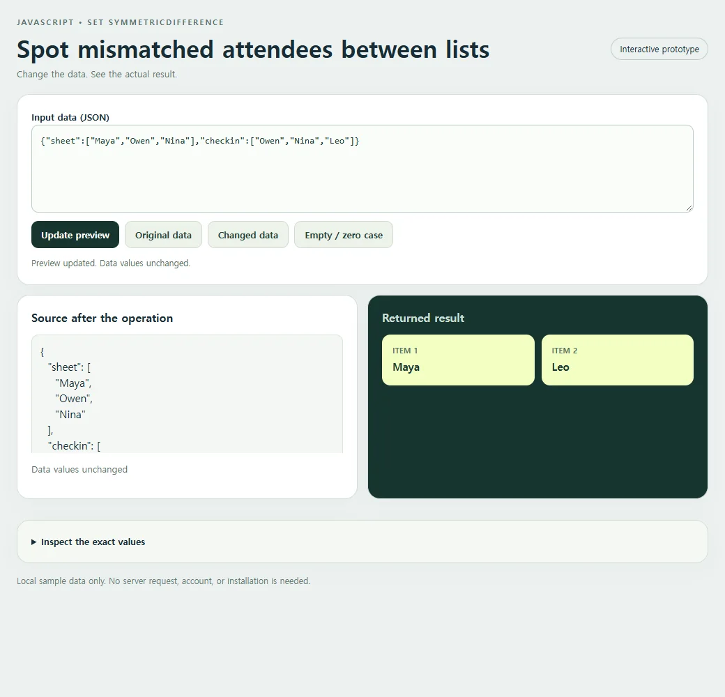 Spot mismatched attendees between lists: source values beside the original result.