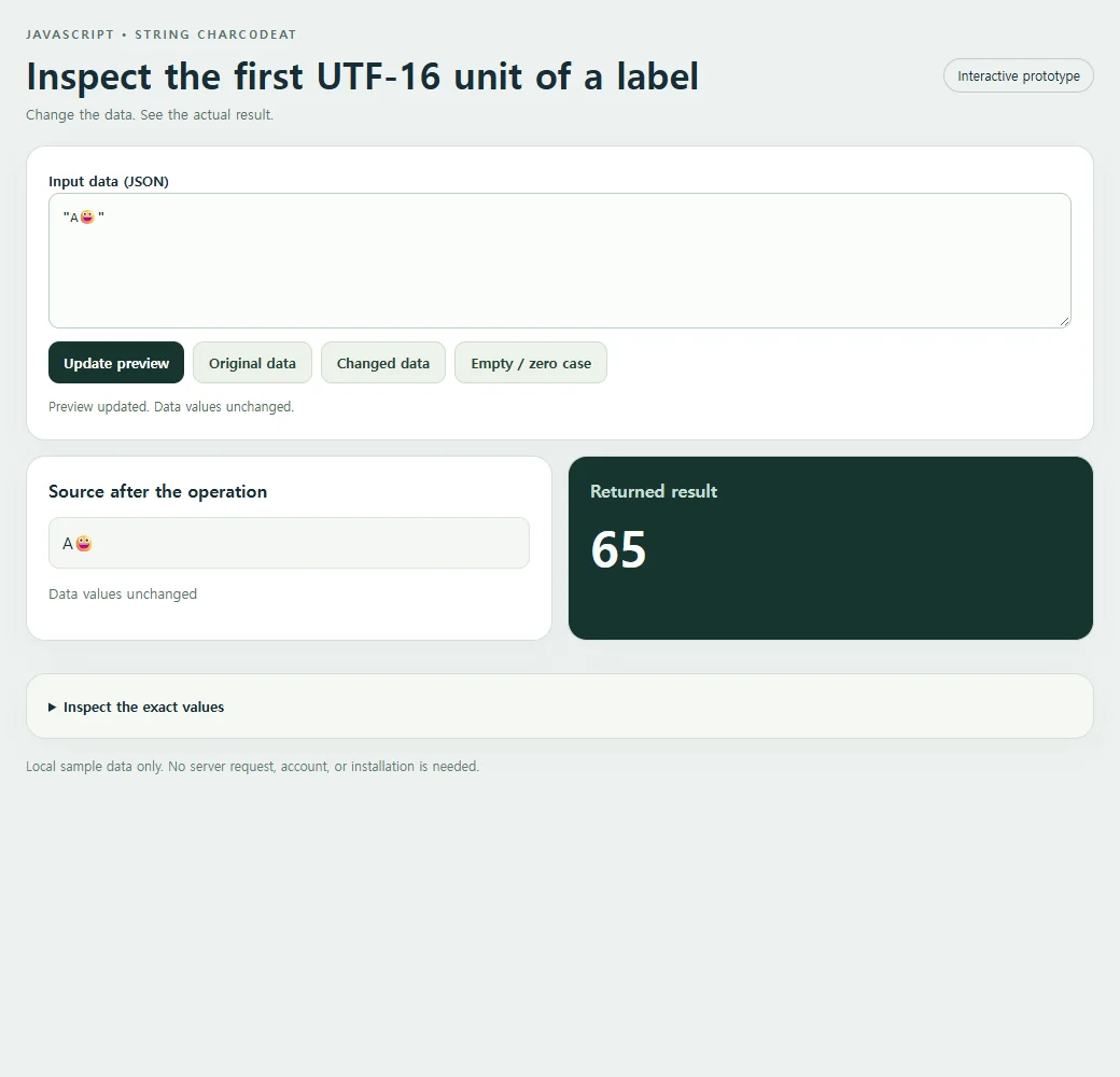 Inspect the first UTF-16 unit of a label: source values beside the original result.