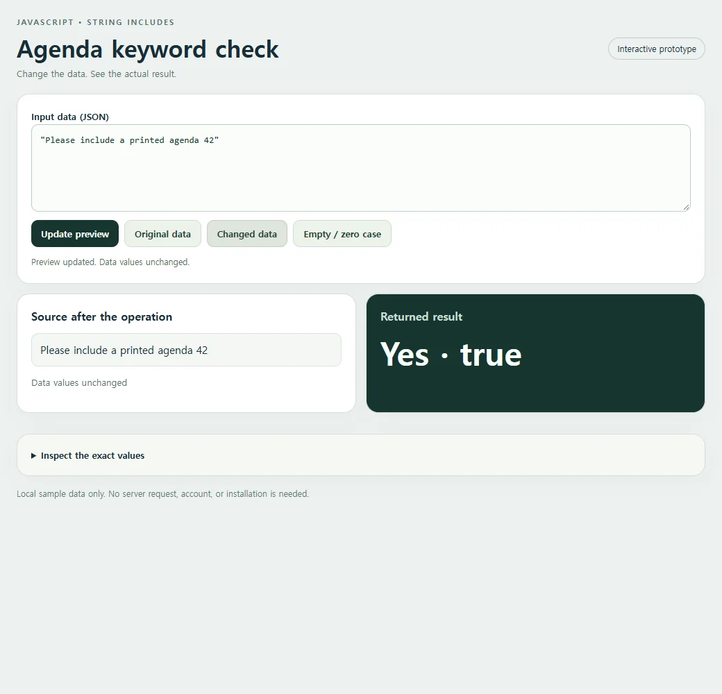 A second agenda keyword check sample demonstrates how the result responds to changed input.