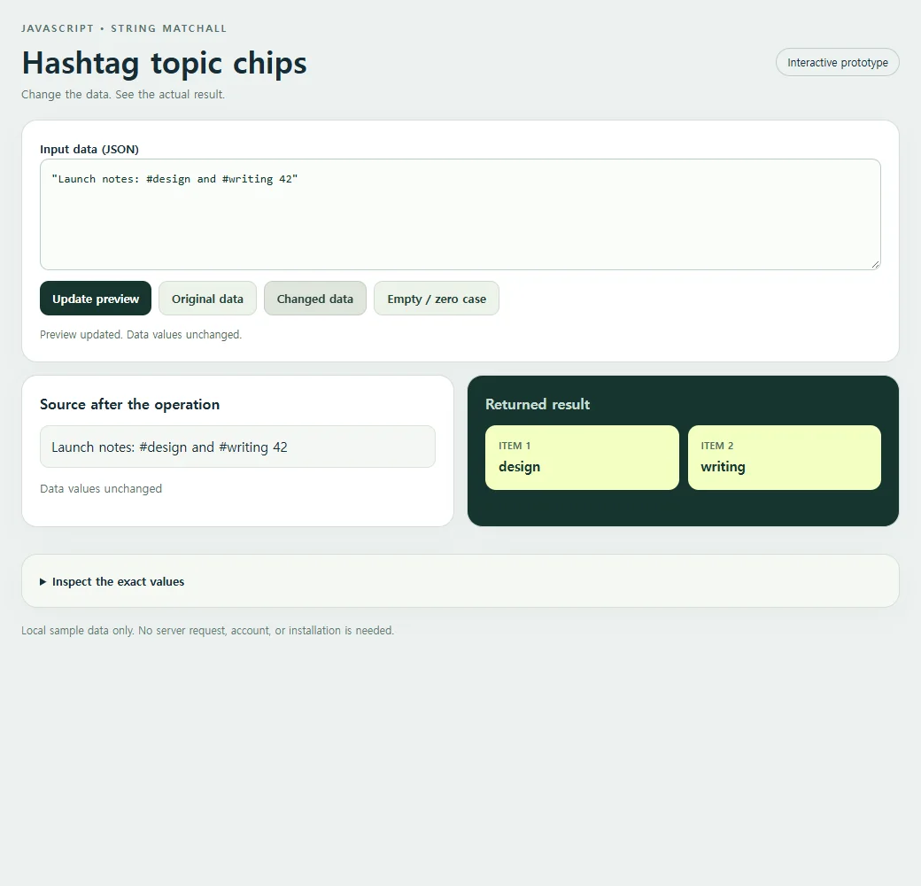 A second hashtag topic chips sample demonstrates how the result responds to changed input.