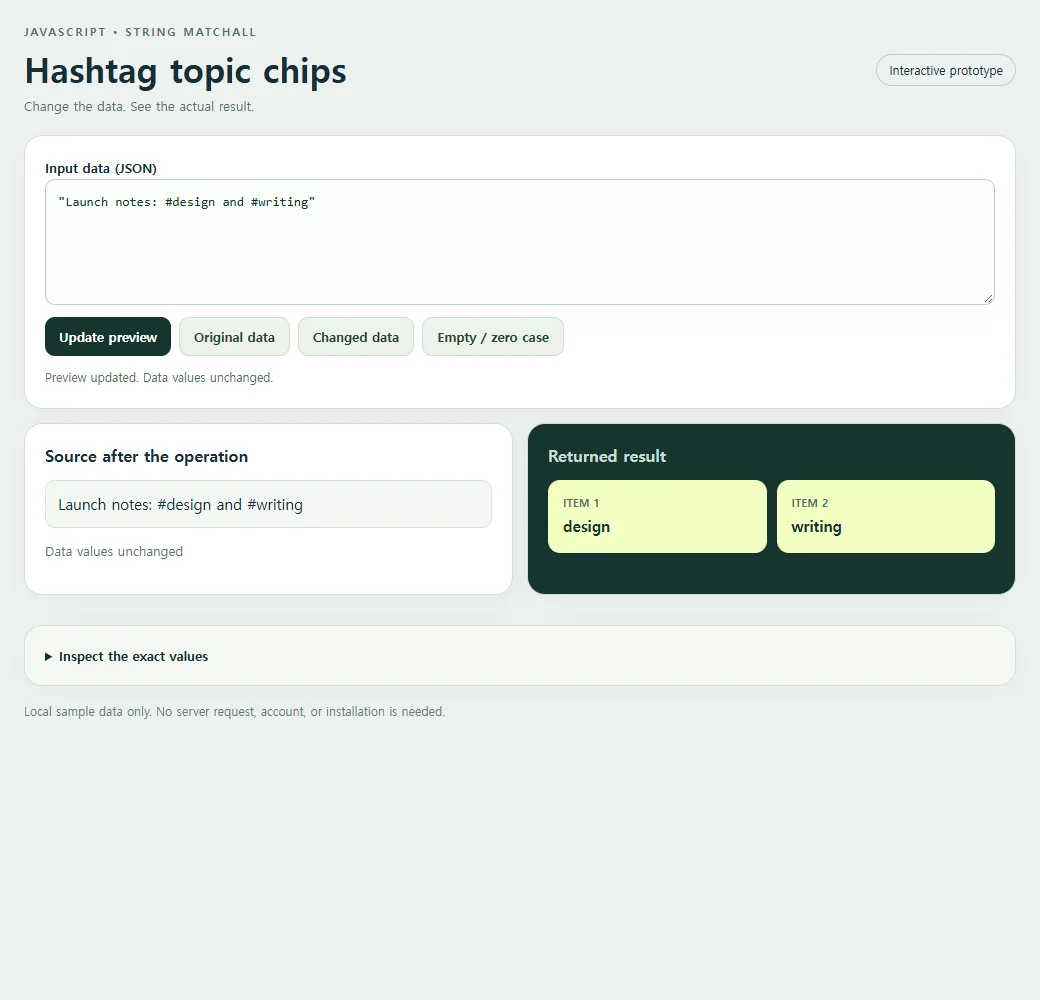 The complete hashtag topic chips example with its original sample.