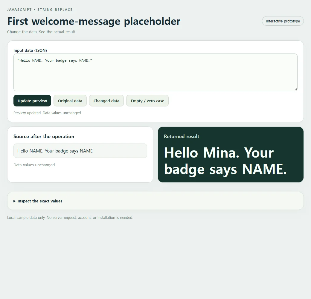 First welcome-message placeholder: the original sample and its calculated result.