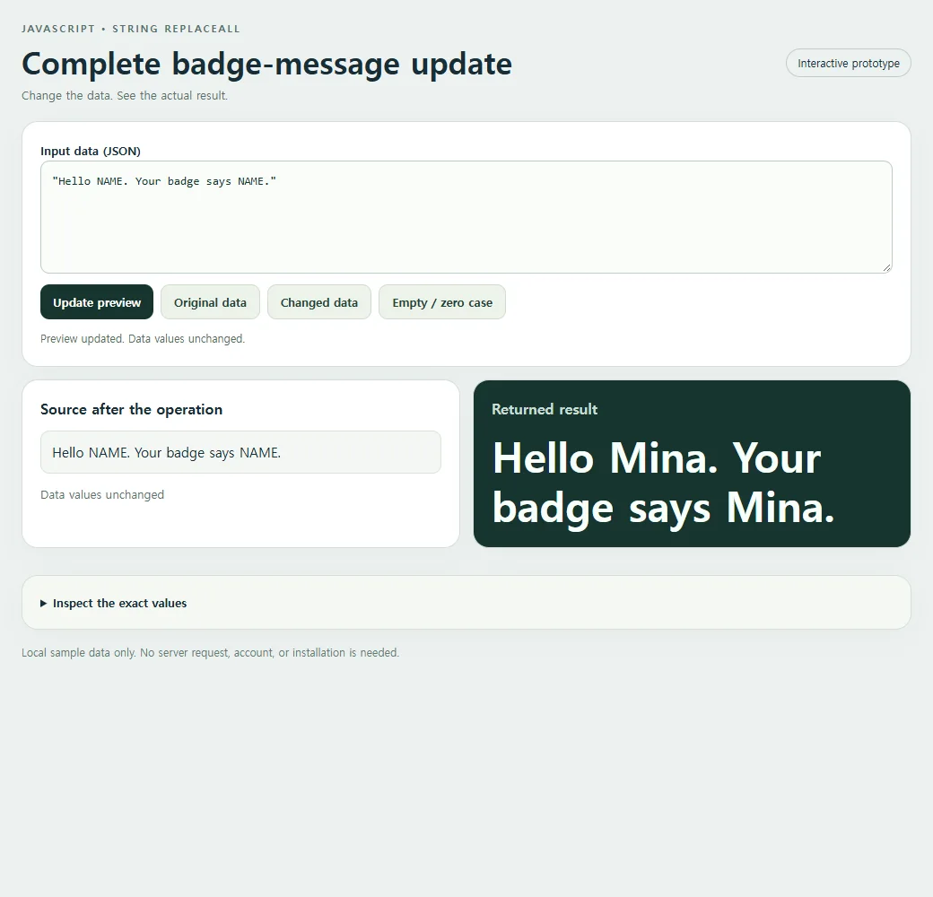 Complete badge-message update: the original sample and its calculated result.
