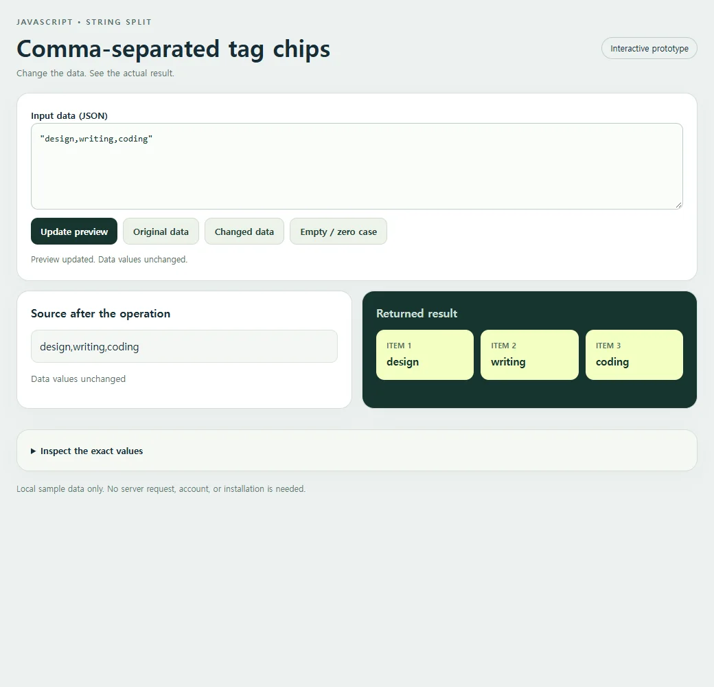 Comma-separated tag chips: the original sample and its calculated result.