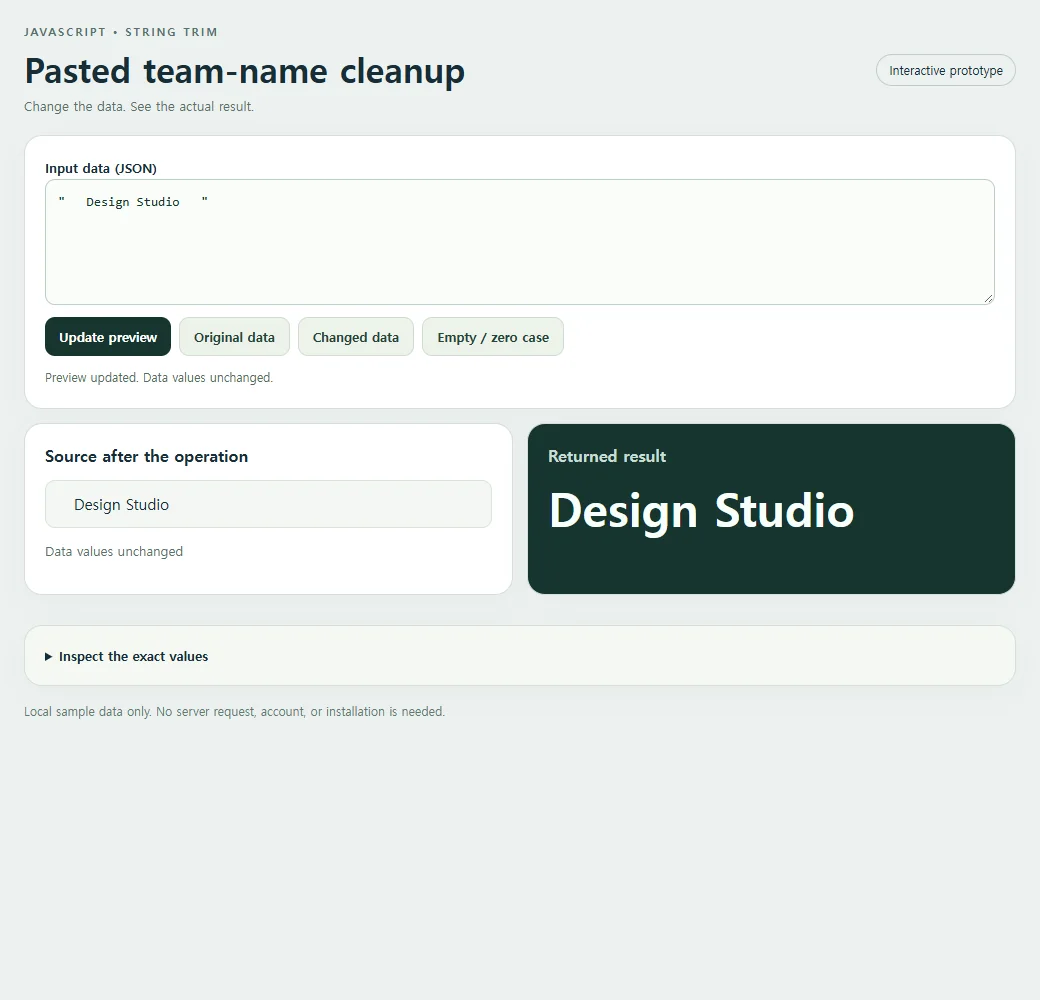 Pasted team-name cleanup: the original sample and its calculated result.