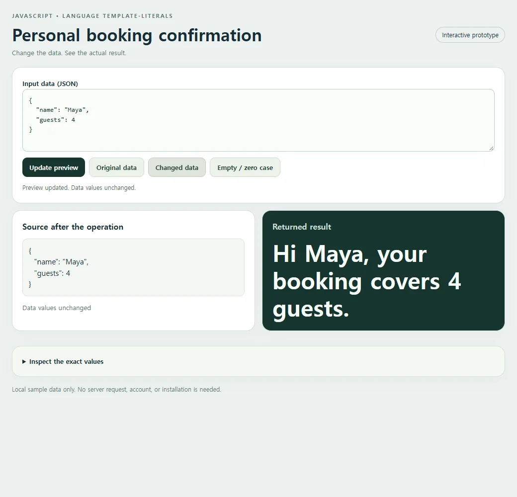 Changing the sample reveals the behavior of the personal booking confirmation.