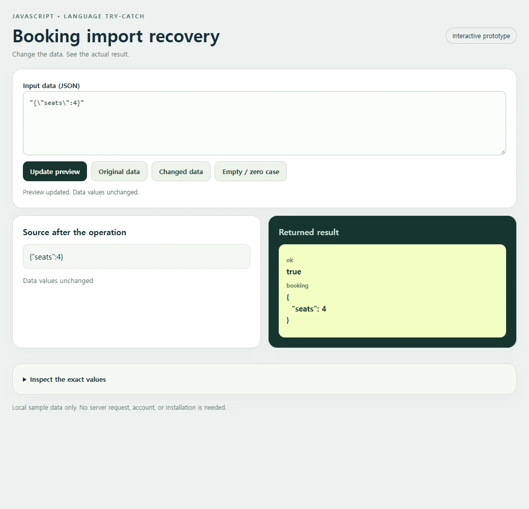 The booking import recovery with its original input and returned result.