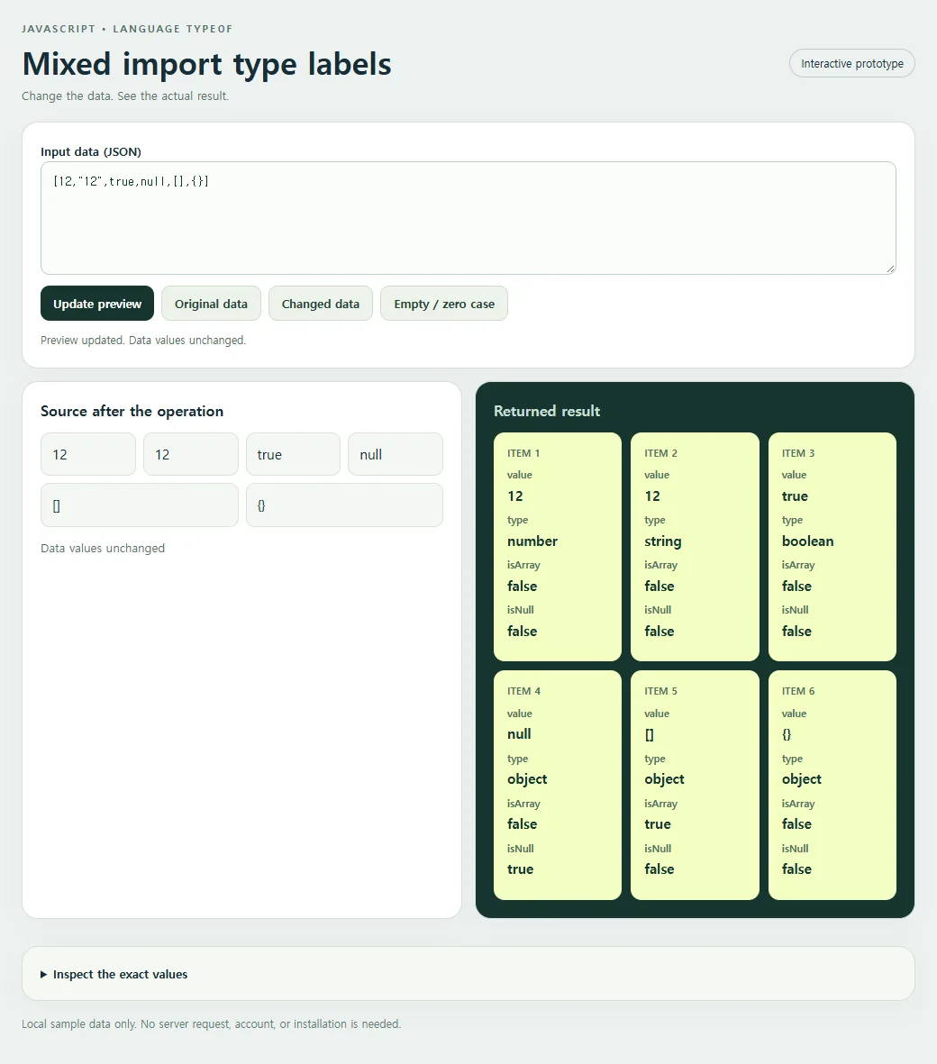The mixed import type labels with its original input and returned result.
