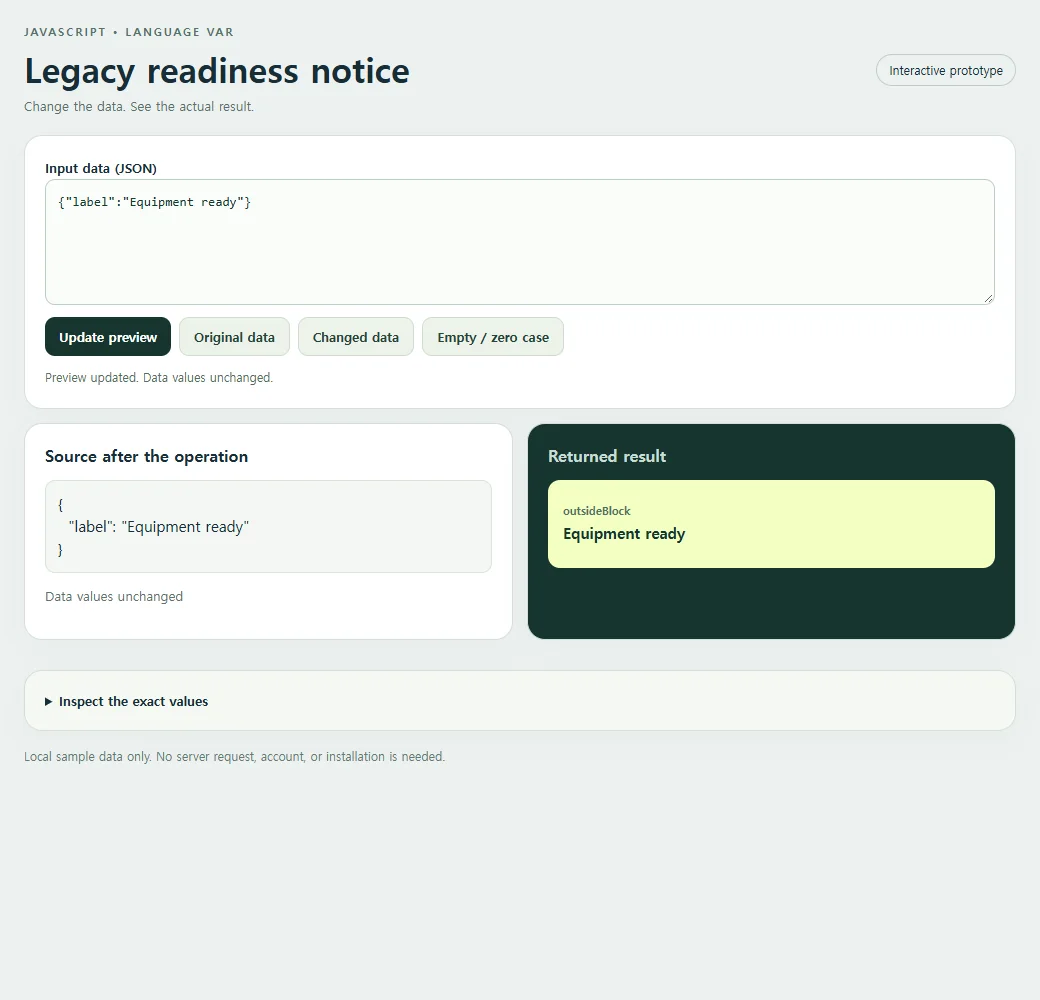 The legacy readiness notice with its original input and returned result.