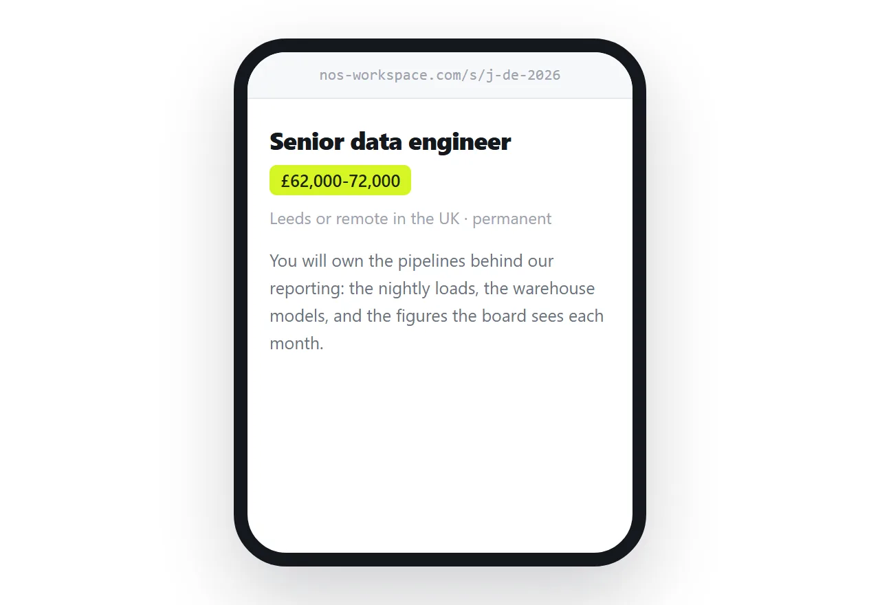 A job advert on a phone. Role, salary and location at the top, then what the work involves.