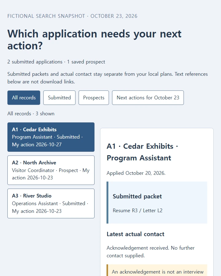Filter three search records and inspect their submitted materials and next actions