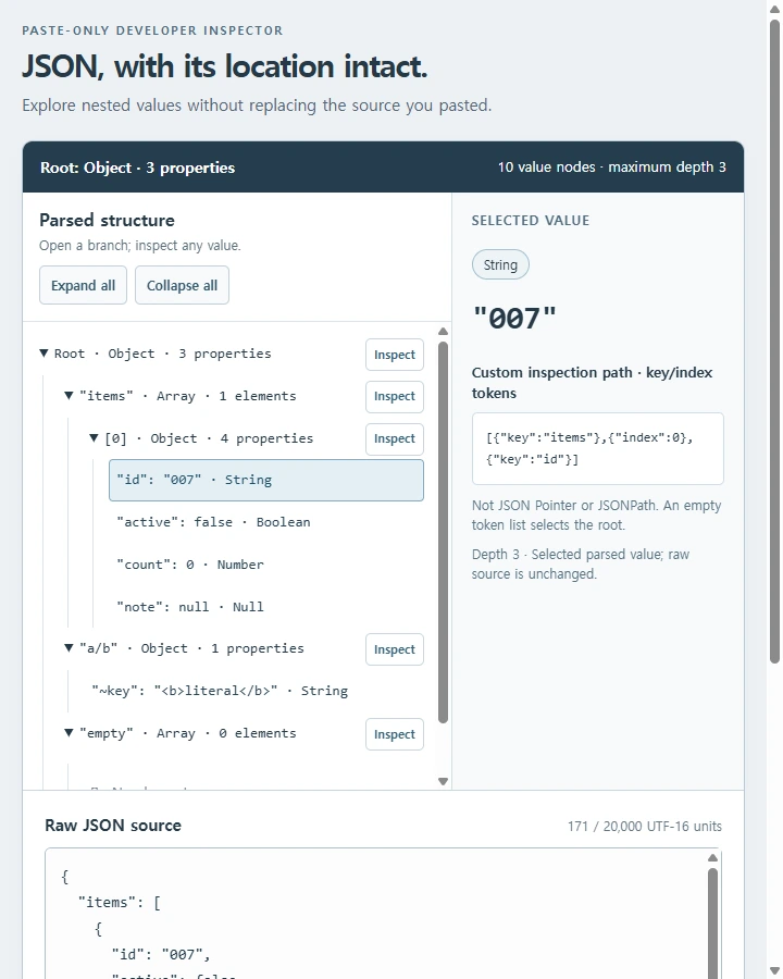 JSON HTML Viewer · Typed values and paths