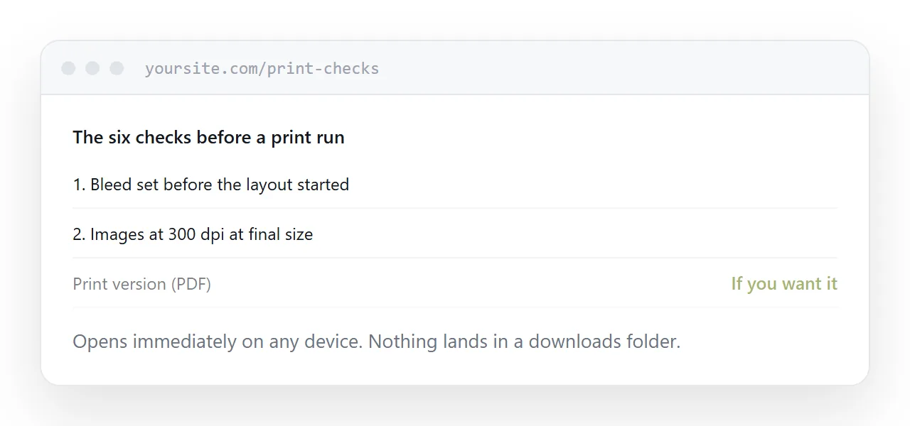 An offer delivered as a page that opens immediately, with a file linked beneath it.