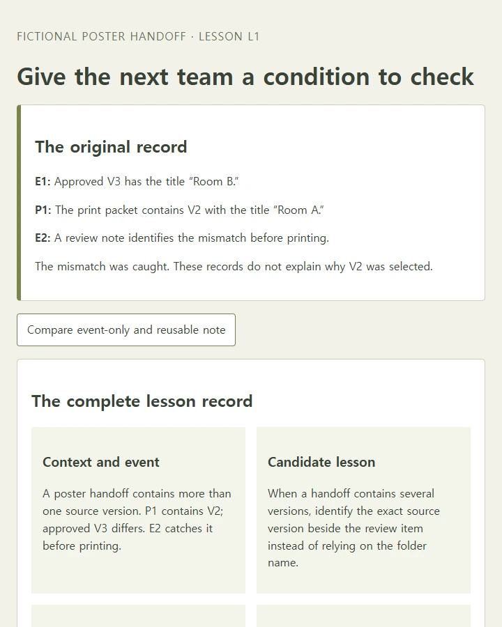 Turn a handoff event into a bounded lesson and compare its use in two new contexts