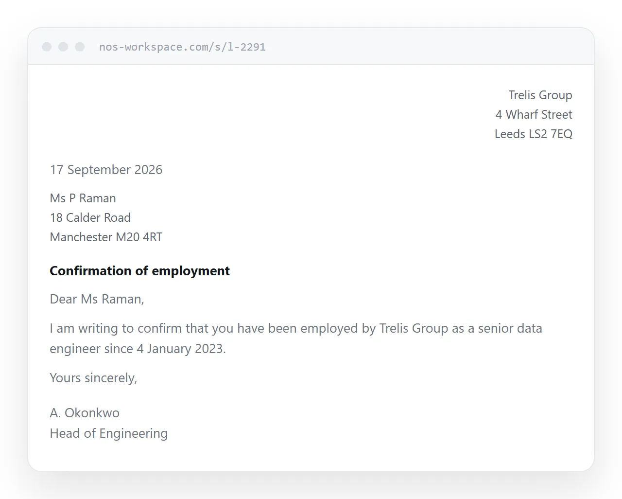 A formal letter in a browser. Sender block top right, date, recipient address, subject line and body.