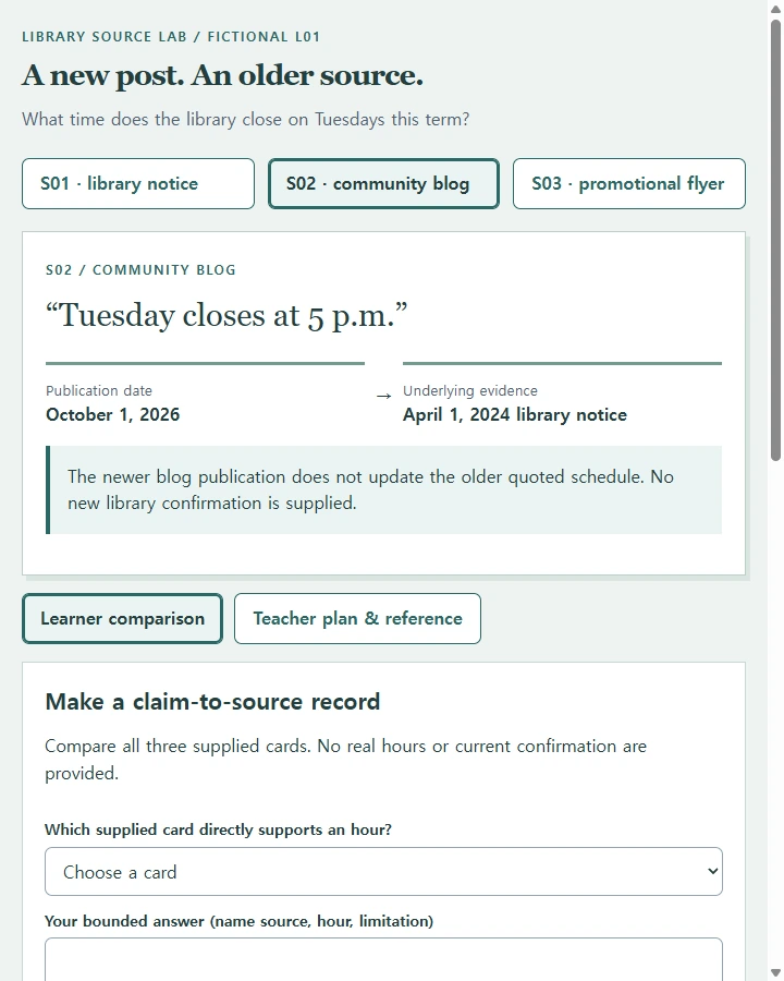 Source date lab • library lesson — Teach learners to trace a current practical claim to its original dated source, recognize an old secondary quotation and explain why…