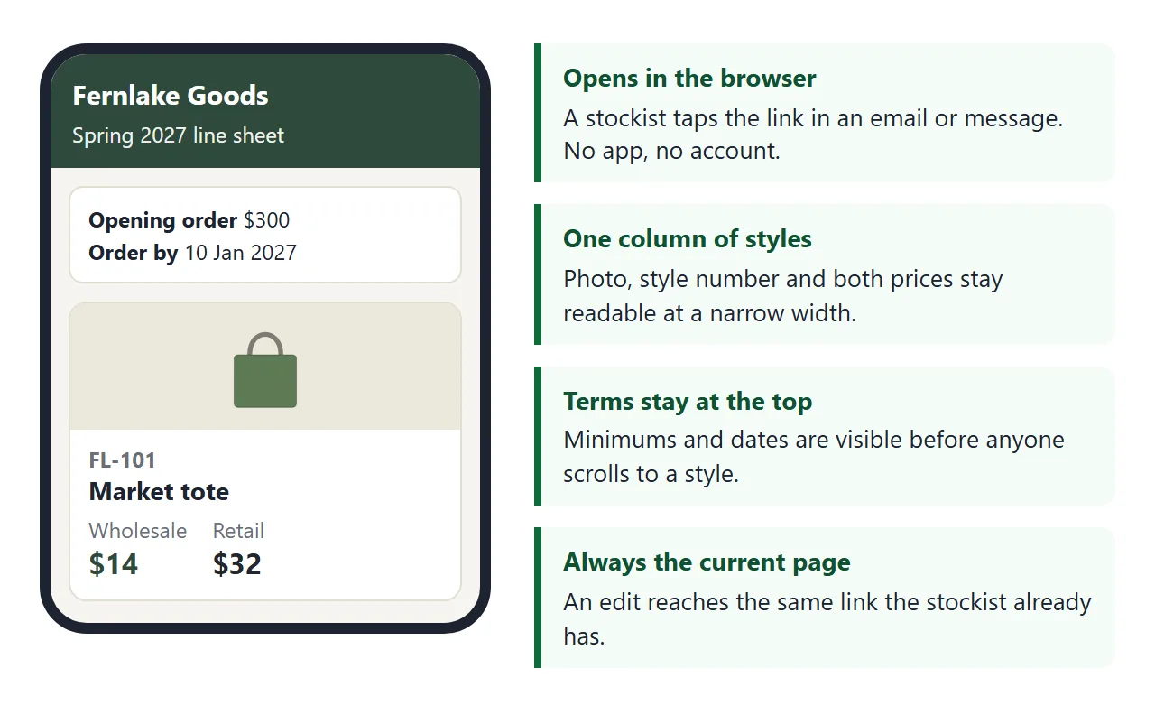 What a stockist sees when the link is opened on a phone.