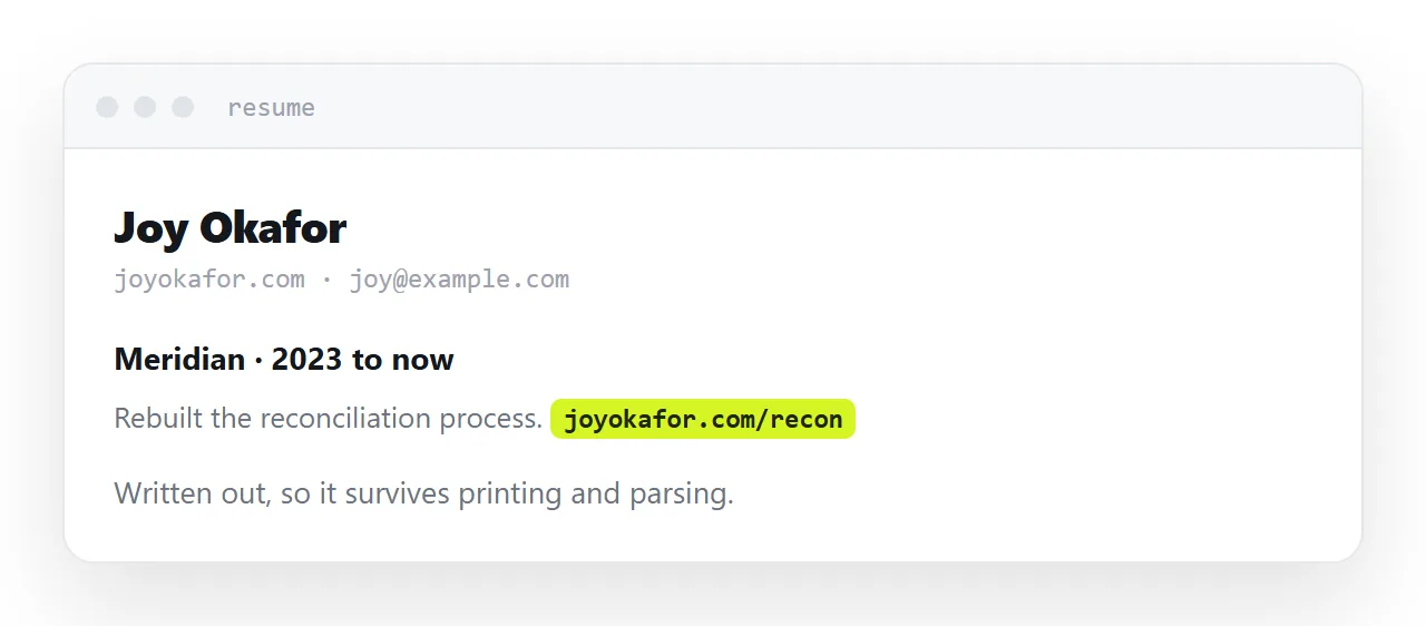 A resume header with a written-out portfolio address, and a project line with its own link.