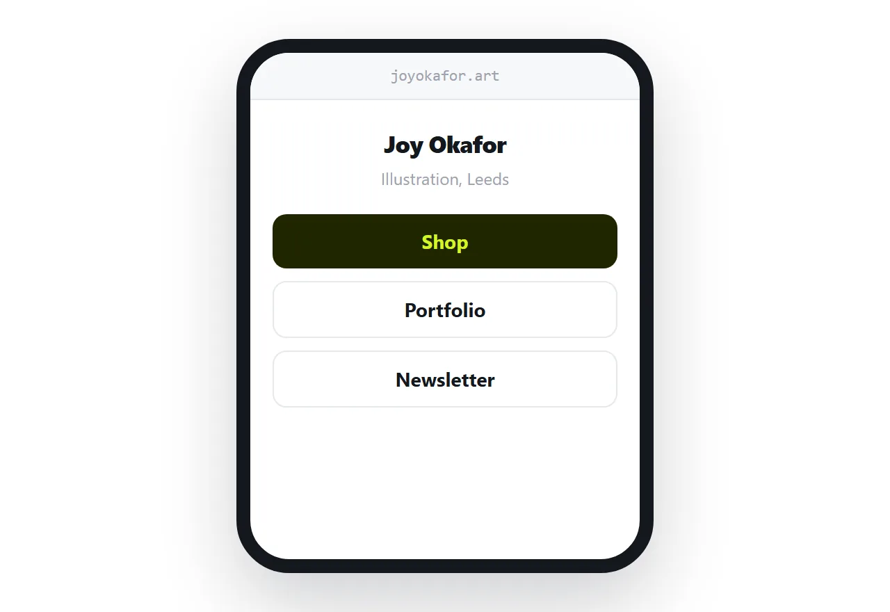 A links page on a phone with a name, one line and four links.