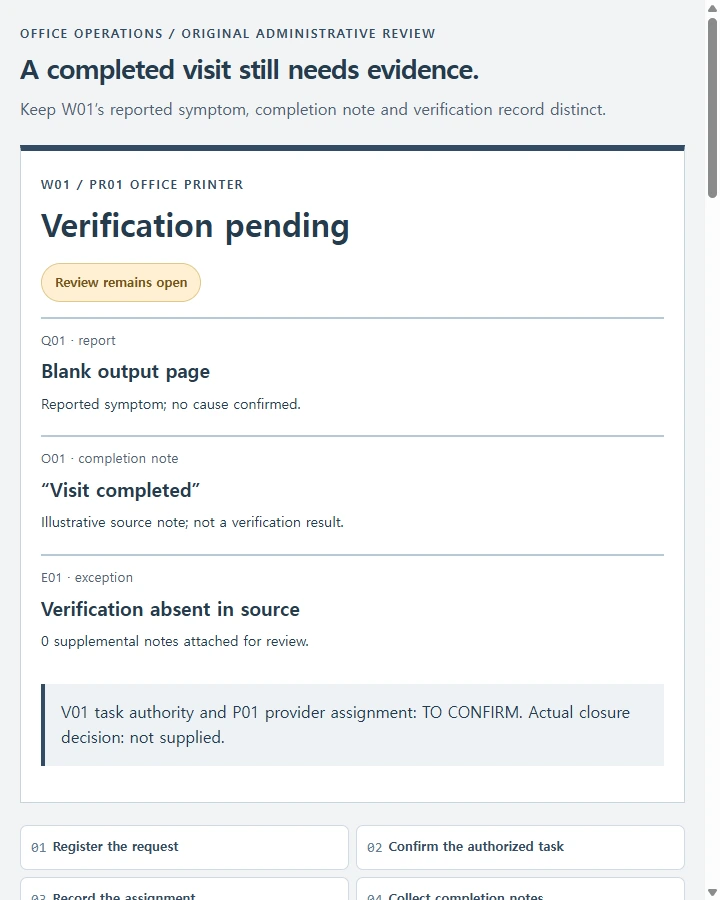 W01 • administrative maintenance SOP — Write the administrative work-order procedure that links an asset/request to an authorized task reference, completion notes and unresolved…