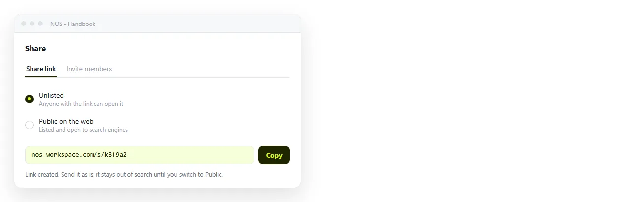 The share dialog for a NOS document, with the link created and set to unlisted.