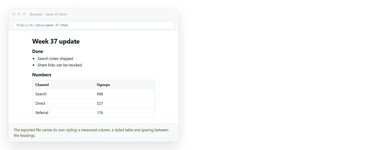 The exported HTML file opened in a browser window, with its own styling applied.