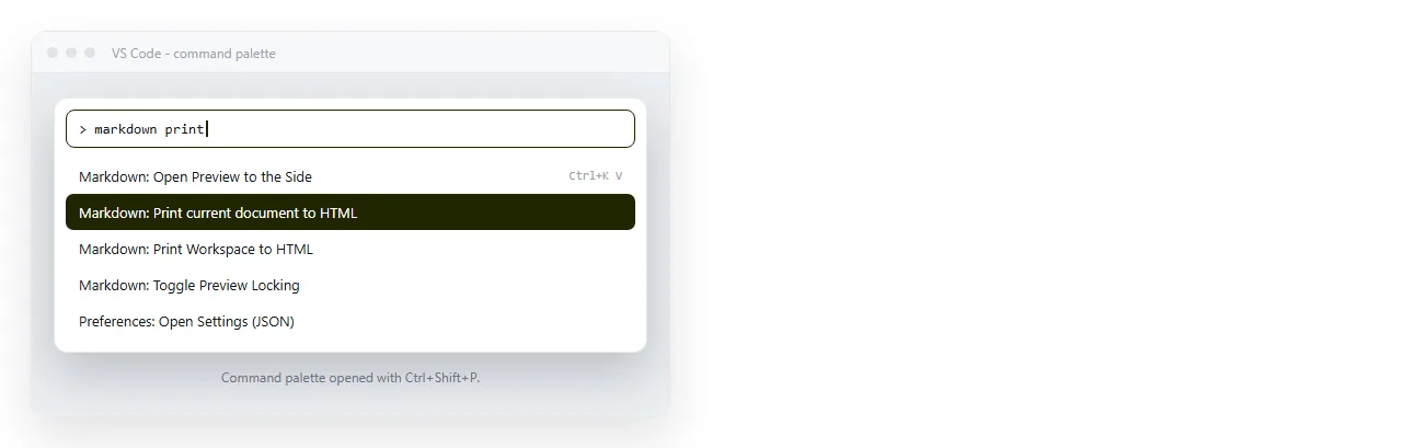 The command palette with the print to HTML command selected.