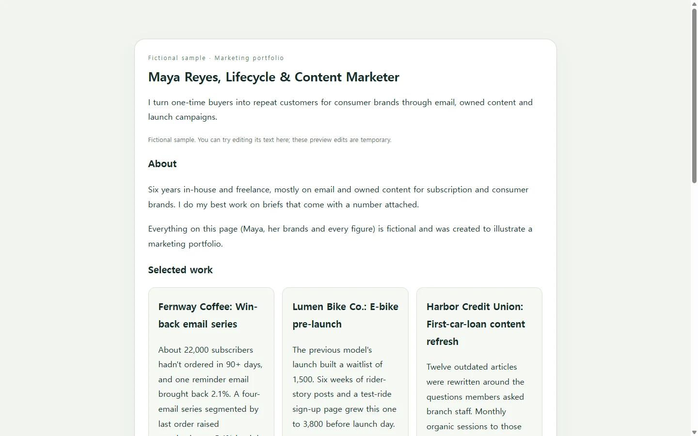 Maya Reyes, Lifecycle & Content Marketer — fictional sample