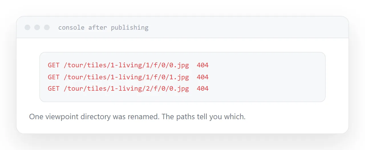 A console showing failed tile requests with their paths.