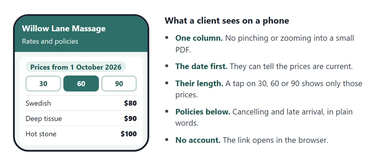 What a client sees when the link is opened on a phone.