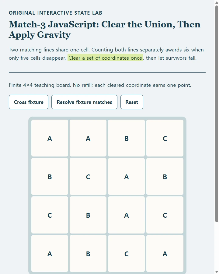Match-3 JavaScript: Clear the Union, Then Apply Gravity