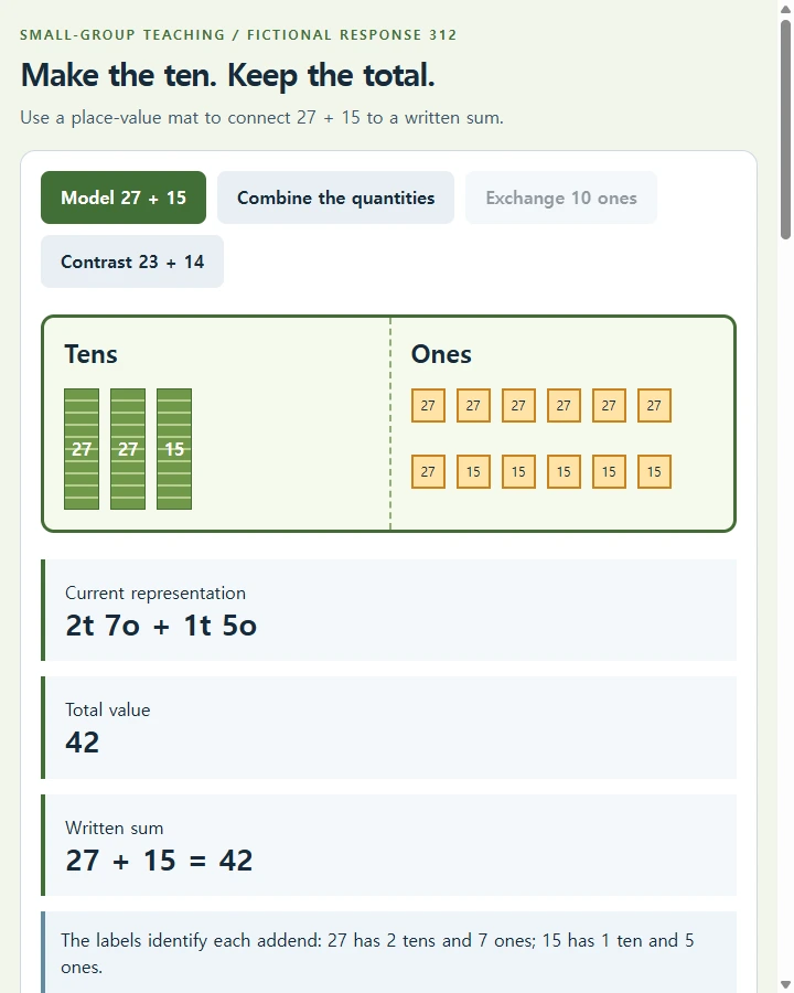 Math intervention • tens and ones — Prepare a short explicit reteaching session using tens/ones objects, a corrected worked example, a parallel independent check and a blank…