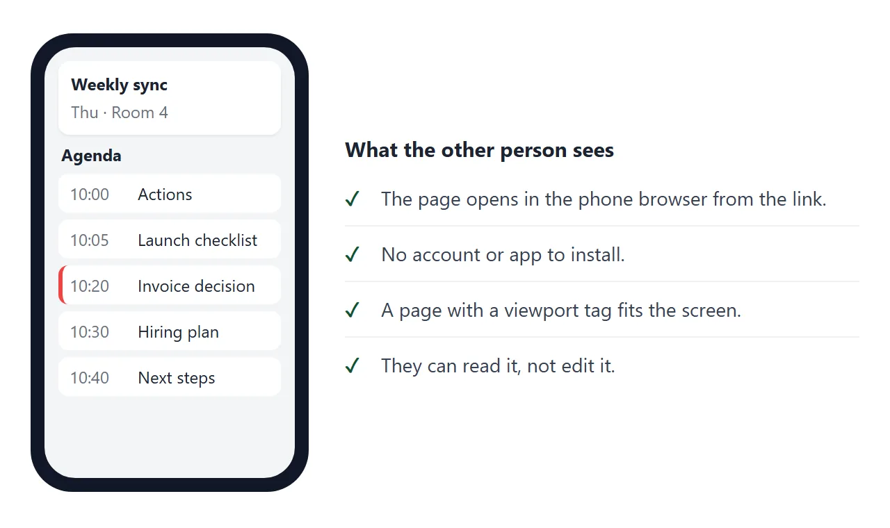 What the other person sees: the page in a phone browser, no account, read only.