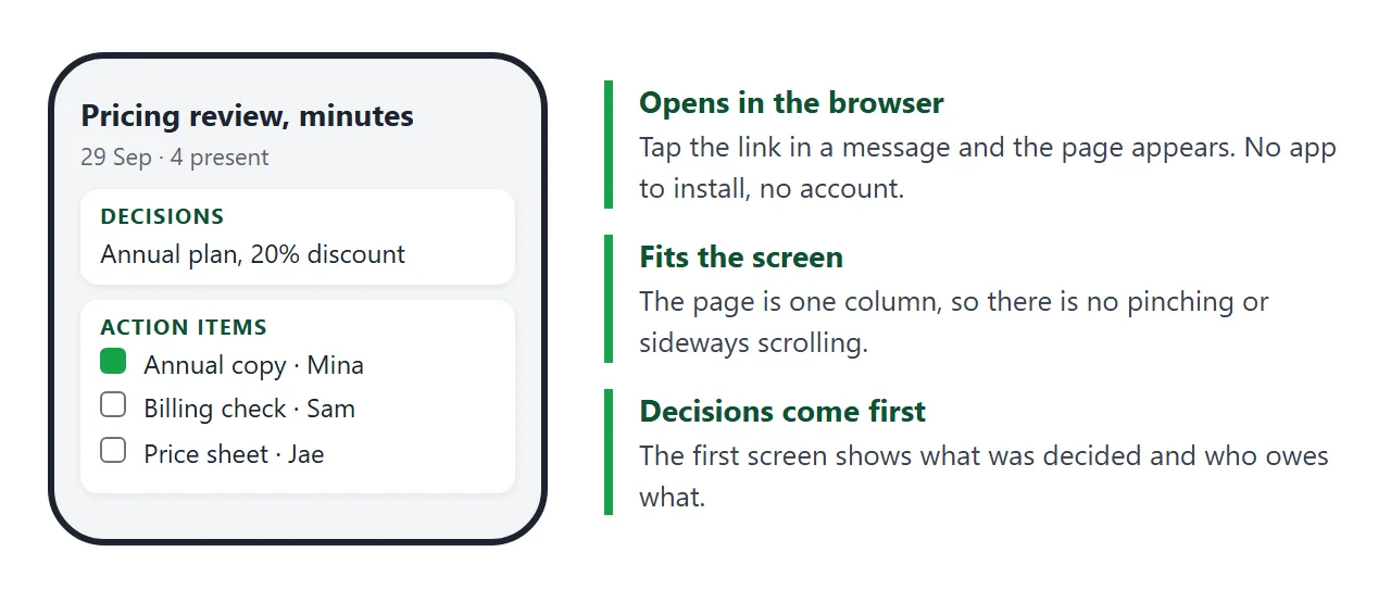 On a phone the page is one column. The decisions and action items are on the first screen.