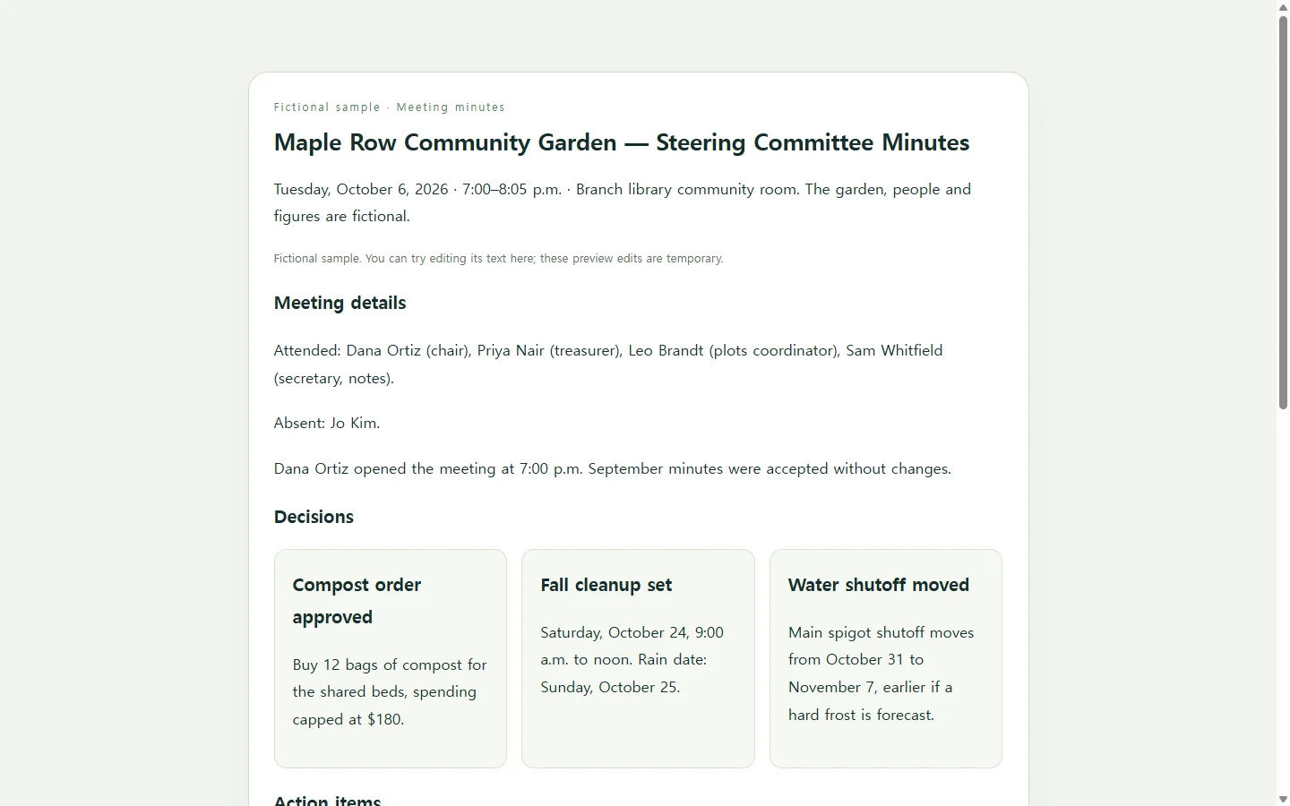 Maple Row Community Garden — Steering Committee Minutes — fictional sample
